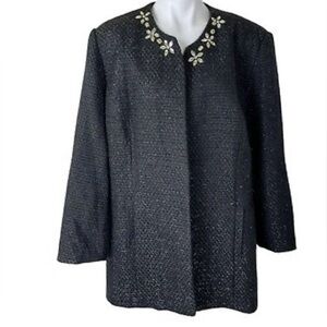 Alfred Dunner Black Metallic Tweed Jacket Crystal Floral Accents Women Size 18W